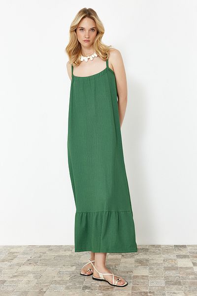 Trendyol Collection Πράσινο μάξι πλεκτό φόρεμα - ίσια πλάτη λεπτομέρεια και λουράκια με υφή TWOSS24EL00259