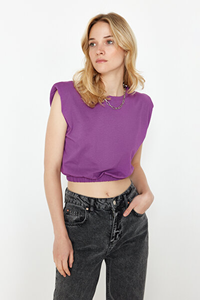 Trendyol Collection Purple 100% Cotton Padded Crop Crew Neck Knitted T-Shirt TWOSS21TS0379