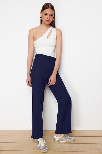 Trendyol Collection Námořnická modř žebrovaný vysoký pas rovný/rovný střih tkané kalhoty TWOSS24PL00150