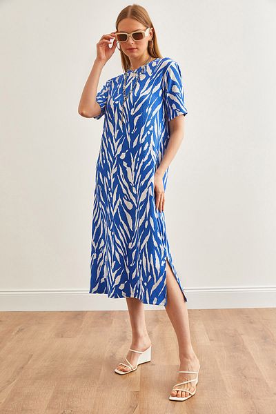 Olalook Rochie supradimensionată Leaf Blue pentru femei cu fantă laterală ELB- 19001880