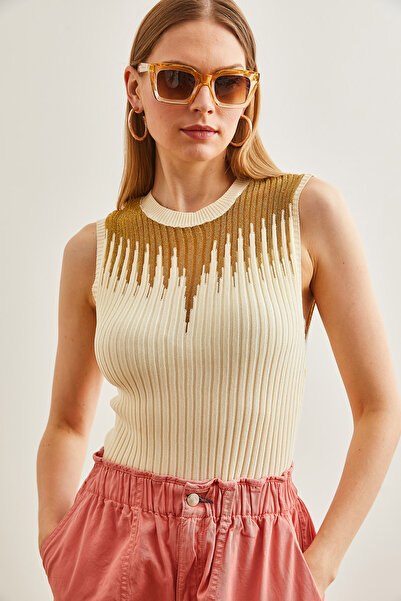 Olalook Ecru Gold Transparent Ribbed Women's Knitwear Blouse - BLZ-19002645