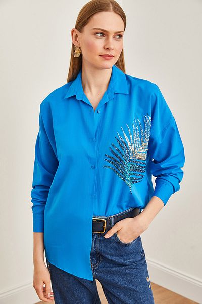 Olalook Cămașă oversize pentru damă, albastru cu palmier, țesut din poplin GML-19001016