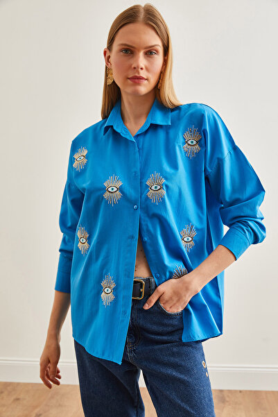 Olalook Nebesky modrá flitrovaná dámská košile Boyfriend - GML-19000992