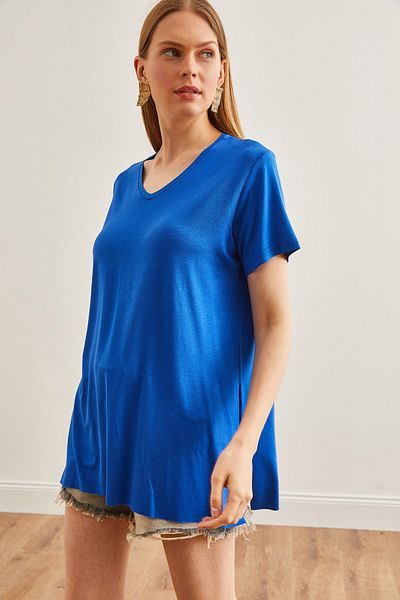 Olalook Saks Blue V-Neck Slit Women's T-Shirt - TSH-19000582
