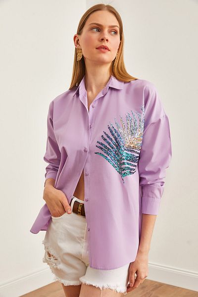 Olalook Lilac Oversize Poplin Shirt - Palm Sequin Detail, GML-19001016