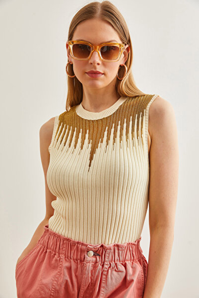 Olalook Ecru Gold Transparent Ribbed Women's Knitwear Blouse - BLZ-19002645