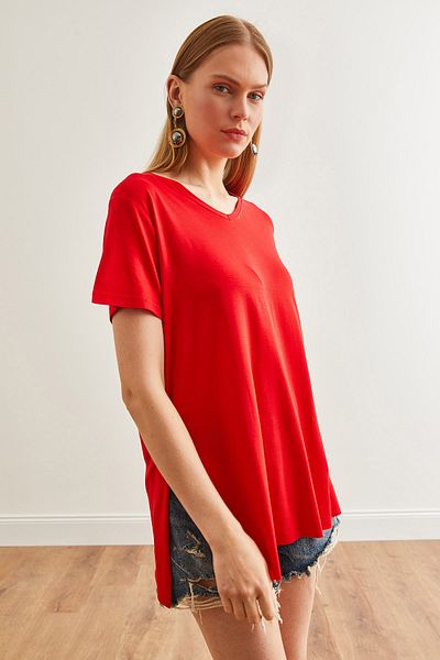Olalook Rotes Damen-T-Shirt mit V-Ausschnitt und Schlitz - TSH-19000582