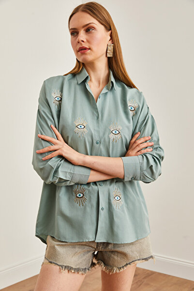 Olalook Green Sequined Women's Boyfriend Shirt - GML-19000992