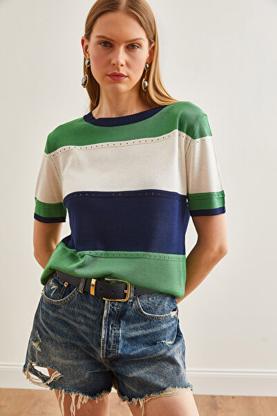 Olalook Kadın Lacivert Renk Bloklu Merserize Dökümlü Triko Bluz BLZ-19002640