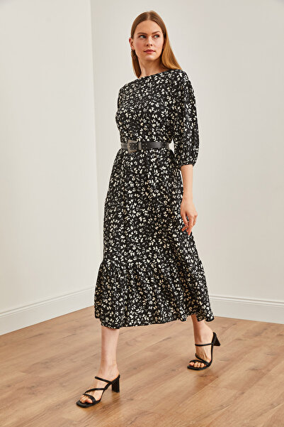 Olalook Kadın Siyah Yaprak Sırtı Damla Salaş Maxi Elbise TSE-00000003