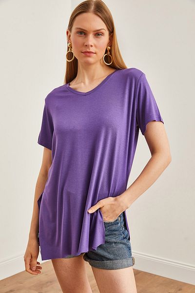 Olalook Tricou casual violet cu decolteu în V - TSH-19000582