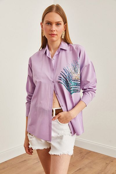Olalook Lilac Oversize Poplin Shirt - Palm Sequin Detail, GML-19001016