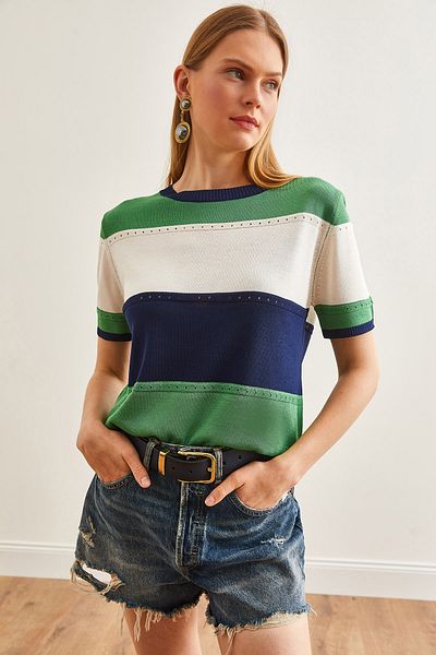 Olalook Navy Blue Blocked Mercerized Knitwear Γυναικεία Μπλούζα - BLZ-19002640