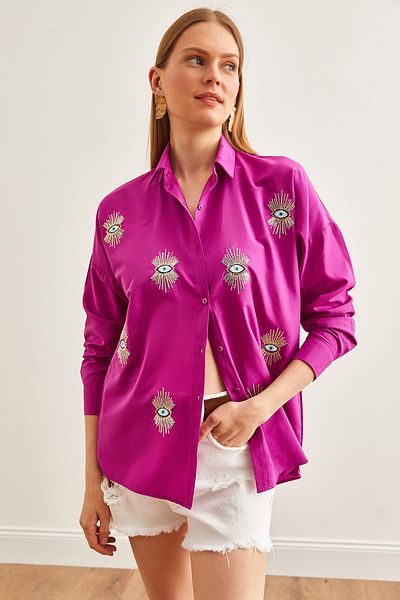 Olalook Boyfriend-Shirt - Damen, Eye Violet Pailletten, gewebt GML-19000992