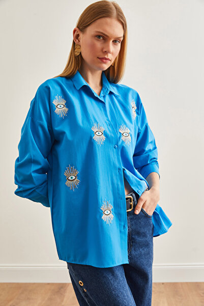 Olalook Nebesky modrá flitrovaná dámská košile Boyfriend - GML-19000992