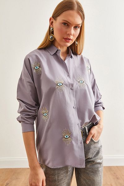 Olalook Graues, mit Pailletten besetztes Boyfriend-Shirt für Damen - GML-19000992