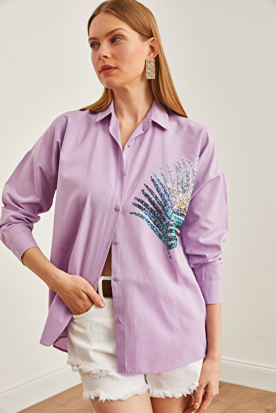 Olalook Kadın Lila Palmiye Pul Detaylı Oversize Dokuma Poplin Gömlek GML-19001016