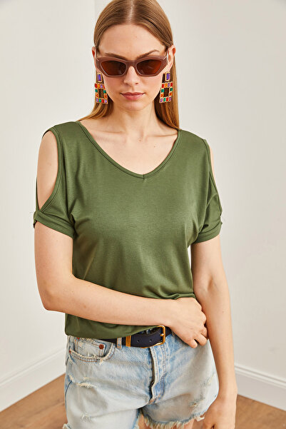 Olalook Bluză de damă, kaki, de viscoză, cu decolteu în V, cu umeri - BLZ-19002291