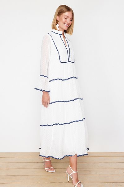Trendyol Modest Φόρεμα Pompom Chiffon Ecru Textured - TCTSS24EB00201