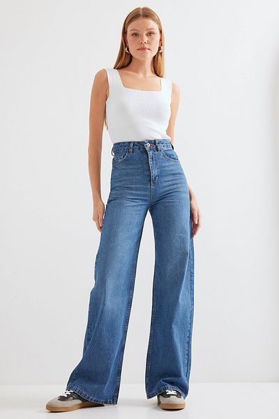 Bigdart Дамски свободни крачоли с висока талия в тъмносин Palazzo Jeans панталон 6656