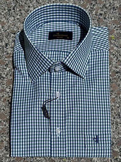 Daniel Bessi Men's Shirt - Regular Fit, Gingham, Short Sleeve, Classic Pocket