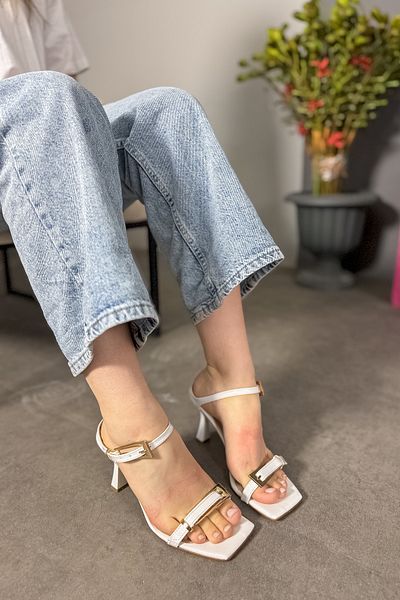 SHOEBELLAS Blaz White Patent Leather - Double Buckle Women's Heeled Shoes