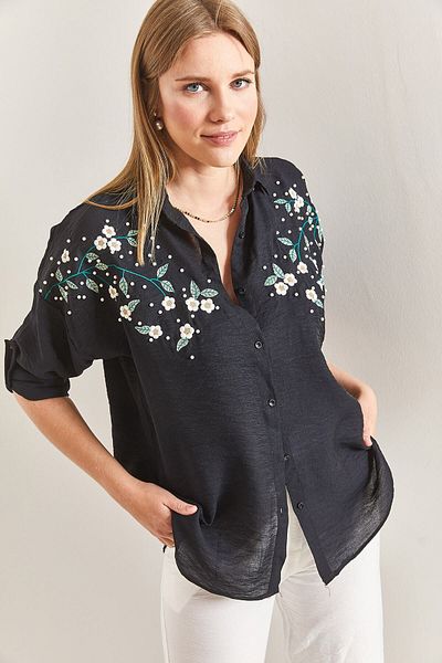 ubmbutik Cămașă pentru femei din in Ayrobin cu broderie Daisy - mâneci îndoite