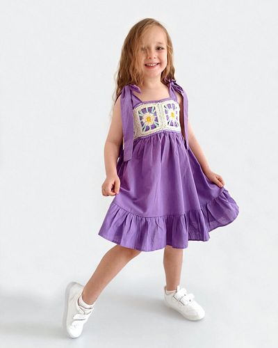 le petit sole Linen Girl's Dress - Knitted Detail