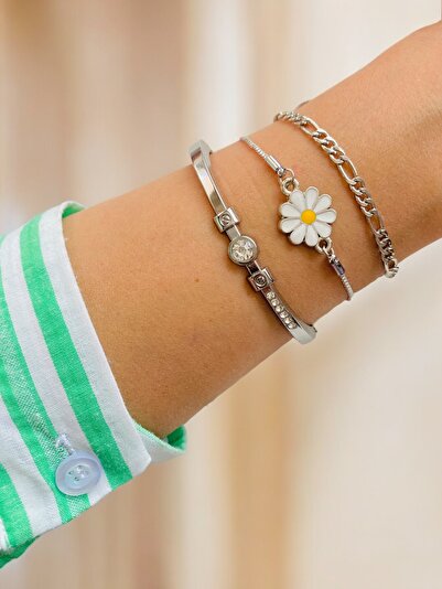 xesha Gümüş Kaplama 3 lü Kombin Bileklik Seti Gümüş Renk Kadın Zincir Bilezik...