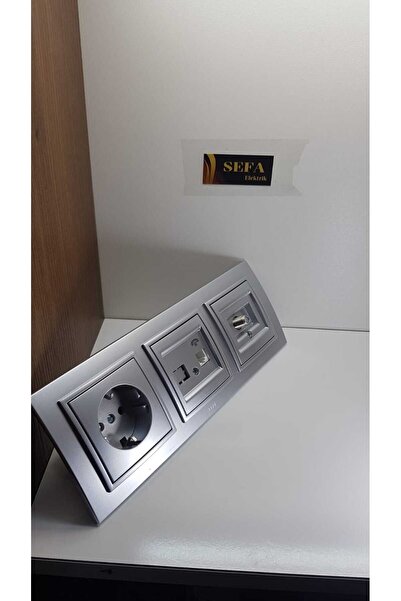 ELBİ رمادي معدني/مقبس هاتف/مقبس قمر صناعي/مقبس مؤرض مع إطار ثلاثي مجموعة Elbi Zena Silverline Series