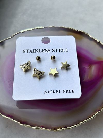 axexuar Set of 3 Colored Steel Gold Earrings - Star Butterfly Ball, Stainless Anti-Tarnish
