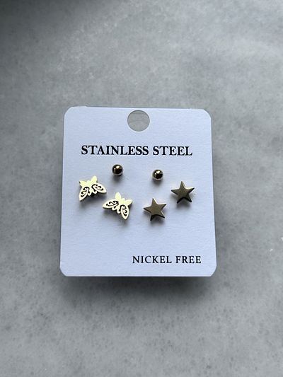 axexuar Set of 3 Colored Steel Gold Earrings - Star Butterfly Ball, Stainless Anti-Tarnish