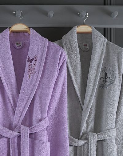 BİNNUR HOME Alya Κεντημένο Βαμβακερό Σετ Οικογενειακό Μπουρνούζι 4 τεμαχίων Lilac I Grey