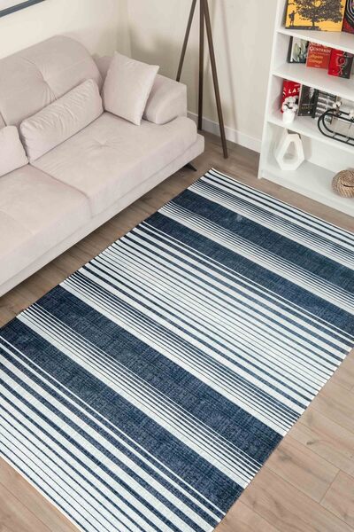 Serente Home Çizgili Desenli Yıkanabilir Kaymaz Taban Şönil Mavi Beyaz Salon ...