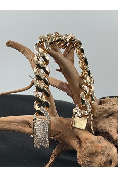 MywJewelery Vip Zirkon Taşlı Çelik Altın Kaplama Gurmet Künye 20cm