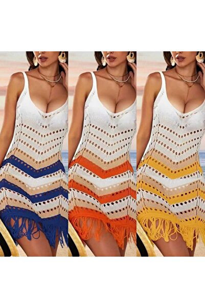 pelinzen Sleeveless Knitwear Pareo with Tasseled Skirt and Stripe Detail - Beach Dress