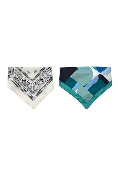 Naz İpek Set of 2 Ethnic Pattern White-Blue Cotton Bandana 50X50 Summer Scarf