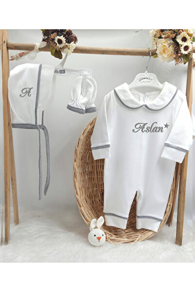 gros shop Biyeli 3'lü %100 Pamuklu Hastane Çıkış Tulum Seti (KİŞİYE ÖZGÜ İSİM...