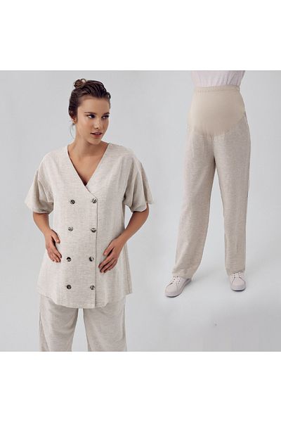 Artış Linen Short Sleeve Oversize Maternity Shirt Adjustable High Waist Pants Set