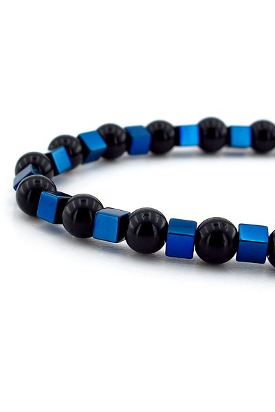 Solfera 6mm Black Hematite Onyx and Blue Stone Men's Bracelet - J0264