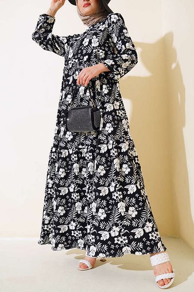 MODAQU Floral Sleeve Rubber Dress - Black