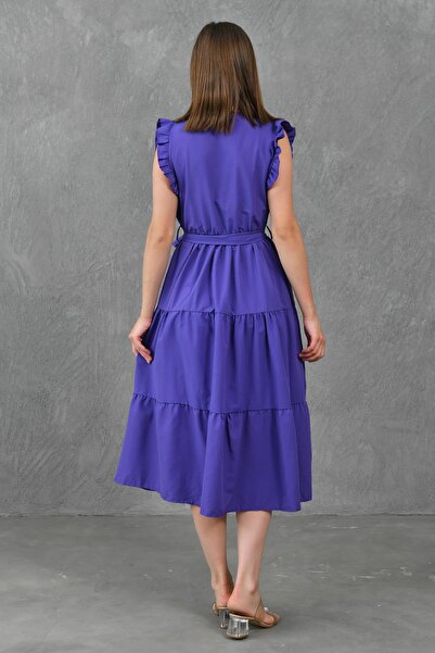 vuvutasarım Μωβ φόρεμα με βολάν, ελαστική μέση με λεπτομέρεια με διπλό γιακά, μωβ φόρεμα 103