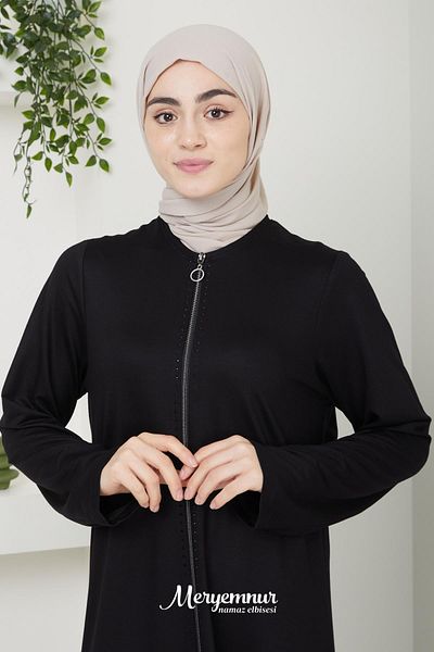 MERYEMNUR Stone Zippered Prayer Dress Two Thread Black