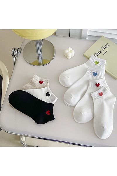 çorapmanya White Unisex College Tennis Socks - 7 Pairs Half Socks Heart Patterned