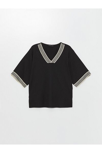 LC Waikiki Γυναικεία μπλούζα με ρίγες V-Neck Λεπτομερής Oversize - LCWAIKIKI Classic
