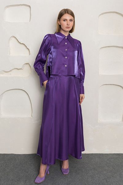 Nurs Purple Satin Shirt and Skirt Set - Stone Buttoned