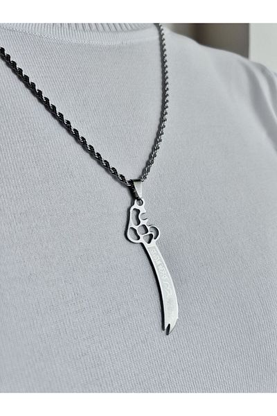 axexuar Silver Colored Steel Zulfiqar Sword Necklace - Twist, Stainless Anti-Tarnish