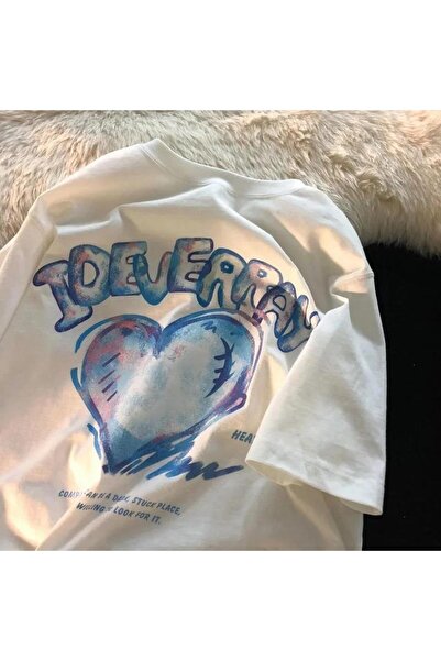 Toum تي شيرت أبيض كبير الحجم للجنسين - مطبوع عليه قلب داملا هوبي