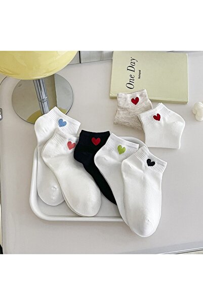 çorapmanya White Unisex College Tennis Socks - 7 Pairs Half Socks Heart Patterned