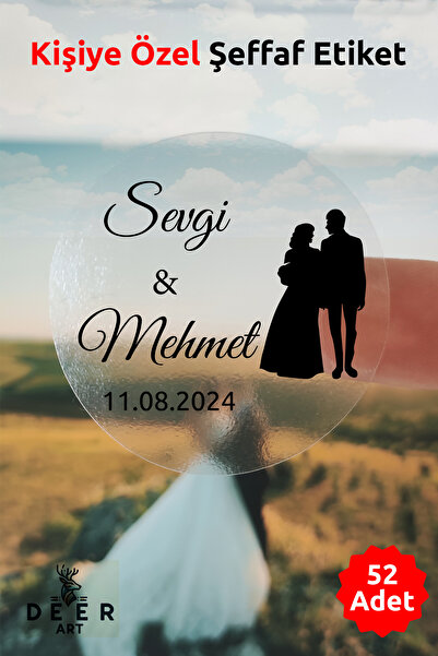 deer art Şeffaf Etiket - Isimli Etiket - Düğün, Nişan, Kına - 52 Adet - 3x3cm...